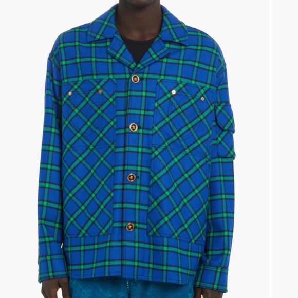 Versace Tartan Print Wool Blend Flannel Shirt Jacket - Picture 3 of 14